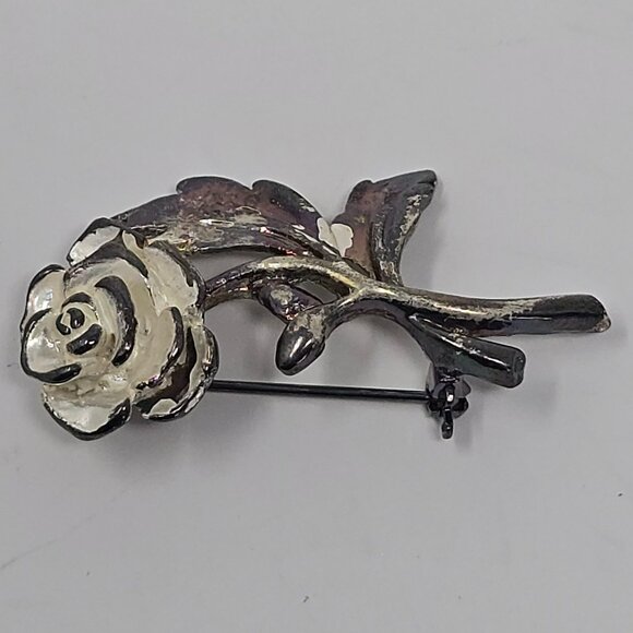 Vintage Shabby Chic White Rose Brooch Silver Tone Floral Costume Jewelry Pin - Picture 6 of 11